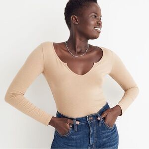 Madewell pointelle split neck long sleeve thong bodysuit seed khaki
